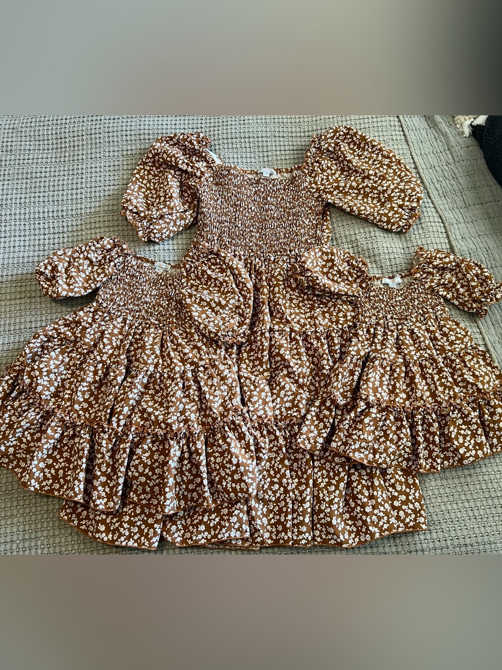 Bailey’s Blossoms Mommy & Me Matching Floral Smocked Dresses Set 3pc Brown White